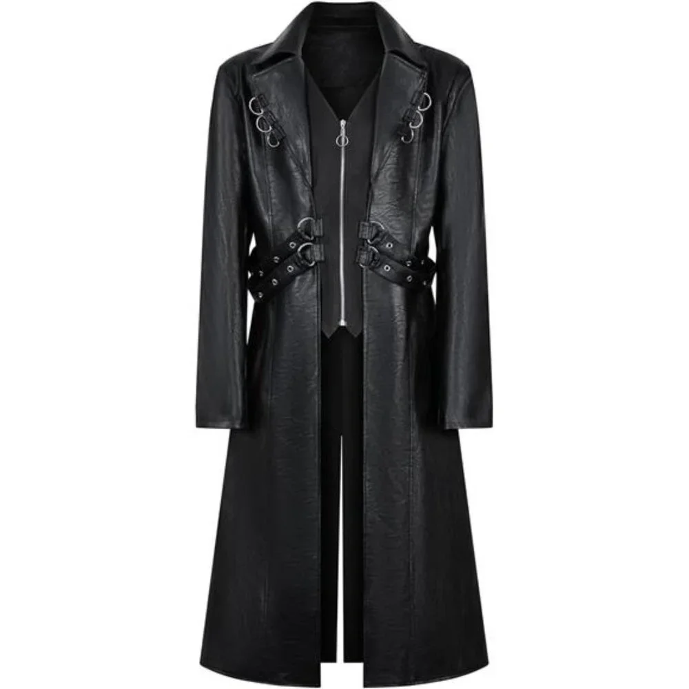 Men's Pu Leather Trench Coat Punk Long Zipper Jacket